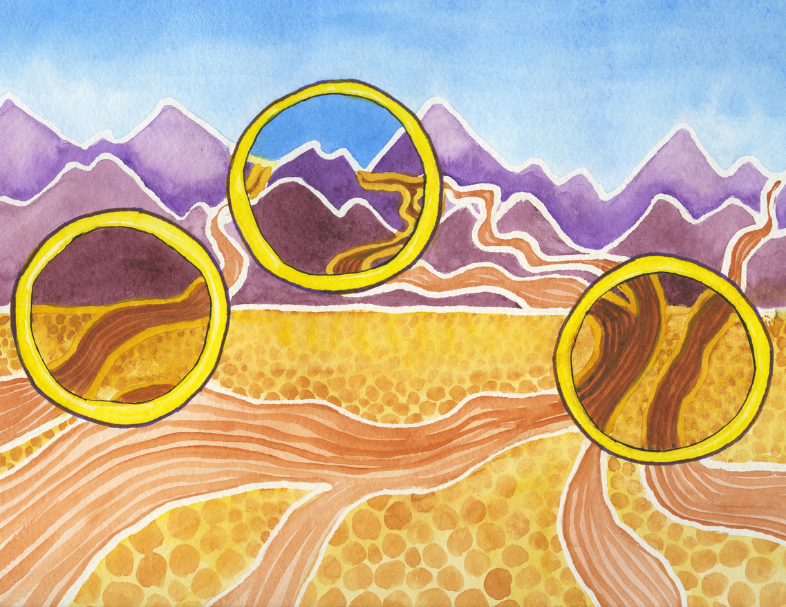 a painted image of paths over flat ground in the foreground with mountains in the background; circles magnify 3 different areas on the image to illustrate options