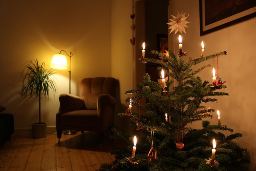 A cosy living room scene with a small decorated christmas pine tree with electric candle lights in the right-hand foreground, with an old vintage armchair in the background next to a warm yellow standing lamp and house plant.