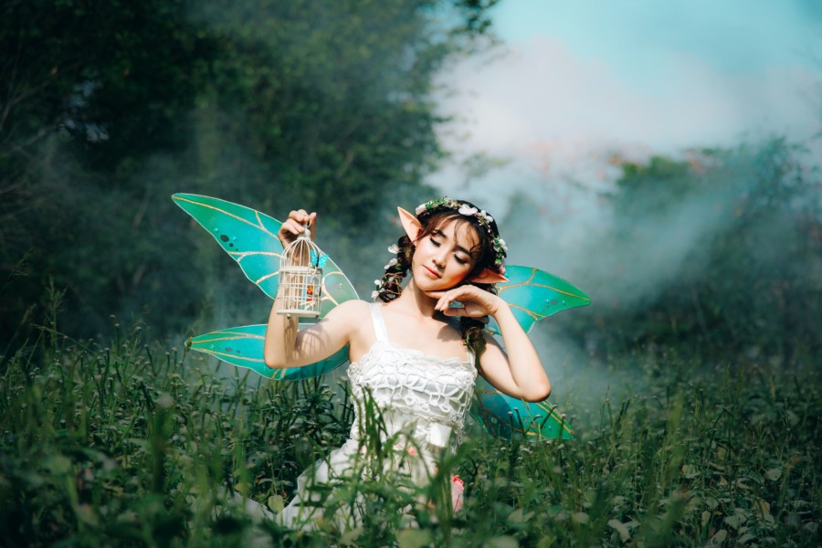 A photo of a woman dressed up as a fairy with green wings and elongated ears. She is holding up a white metal lantern and is sat in a grassy meadow. There's white smoke almost like mist behind her giving it a mystical atomsphere.