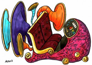 Colourful hand drawn image of a wacky stylised time machine with various vintage style trumpet exhausts, red velvet seating with gold trim and a console at the front.