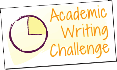A banner sign, tilted slightly to the left that says Academic Writing Challenge with a basic line sketch of a clock displaying the time of 3 o'clock.