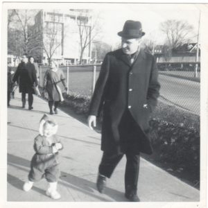 B&W photo of my dad and toddler-me.