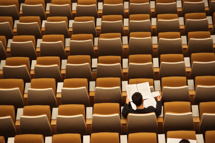An overhead photo of auditorium seating with one person sat facing away from the camera, holding some papers up to read.