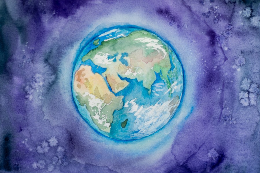A watercolour painting of the earth with a purple background that is slightly marbled to symoblise space and the blue, green and beige of land shapes amongst the teal blue sea. There is also a pale white/grey band around the earth to show the atmosphere.