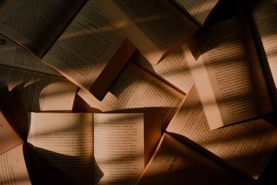 Striped patterns of golden sunlight and shadows dance across a loose pile of open books.