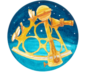 Hand-drawn illustration of a nautical sextant (a mechanical device used to navigate via the stars).