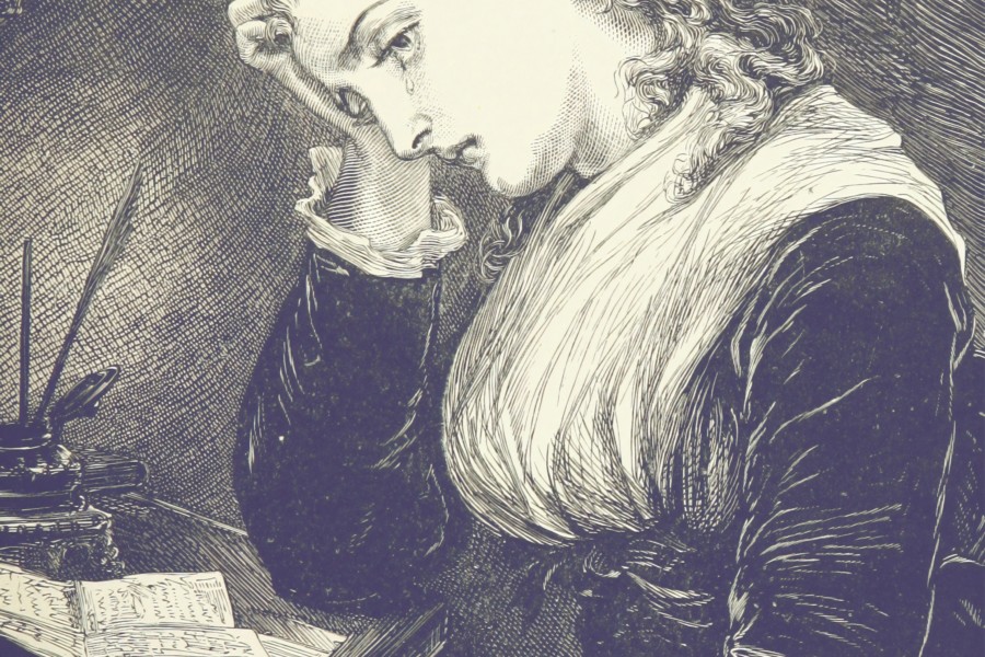 An illustration of a woman crying with her face resting on her hand in Victorian style dress.
