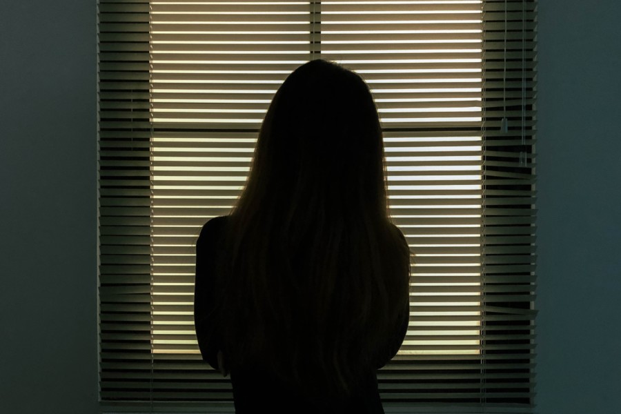 A silhouette of a person with long hair staring out a window with blinds covering it, in the dark. The frame of the window makes a cross which meets in the middle at the head of the silhouette to make an ominous target shape.