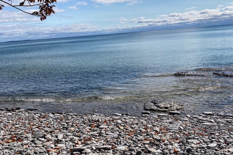 My own personal photo of our beach picnic location on the pebbled shore of Lake Ontario at Presqu’île Provincial Park